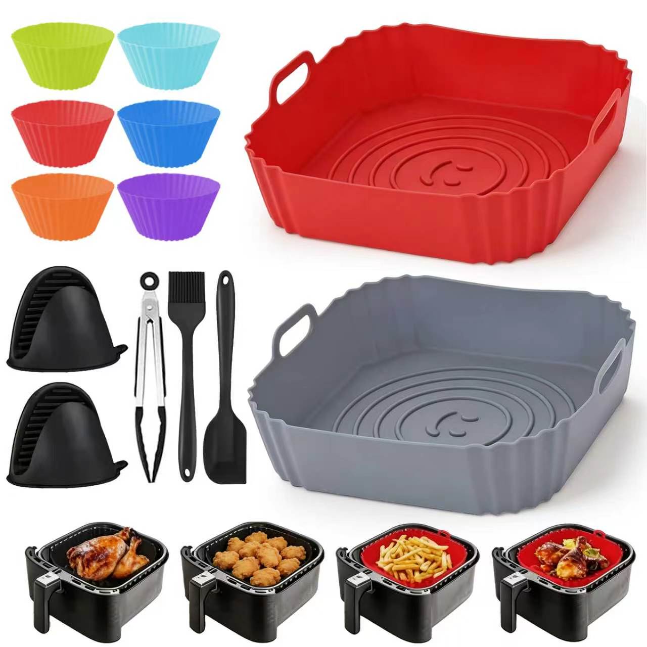 Kitchen Baking Tray Set - 2Pcs Reusable Square Silicone Air Fryer