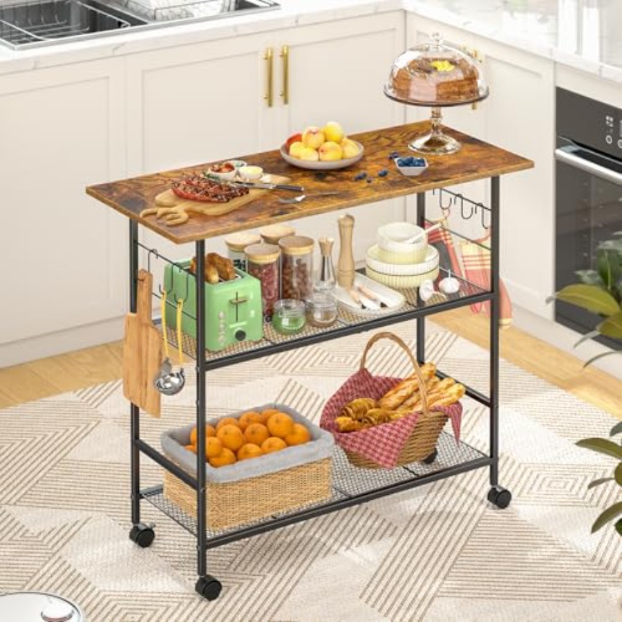 Kitchen Island with 3 Shelves, - Kitchen Baking Cart บทวิจารณ์และราคา