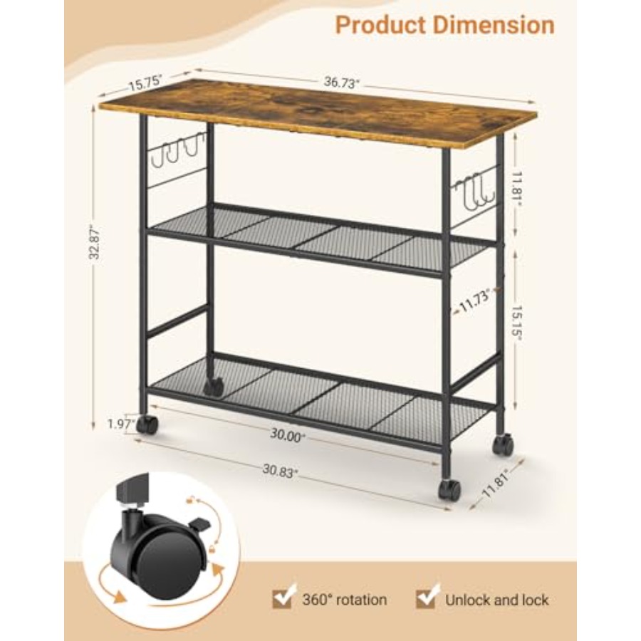 Kitchen Island with 3 Shelves, - Kitchen Baking Cart บทวิจารณ์และราคา